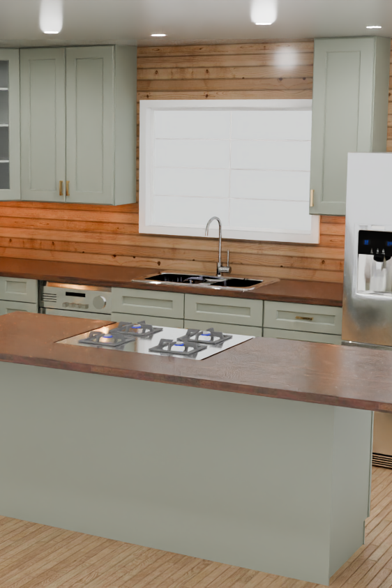 A 3D rendering of a modern kitchen featuring sage green cabinets, light wood countertops and backsplash, a central island, and stainless steel appliances.